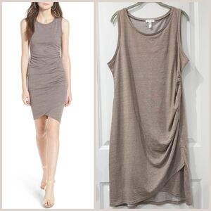 LEITH Ruched Body-Con Sleeveless Greige Dress, Tulip Hem, Heather Knit, XXL
